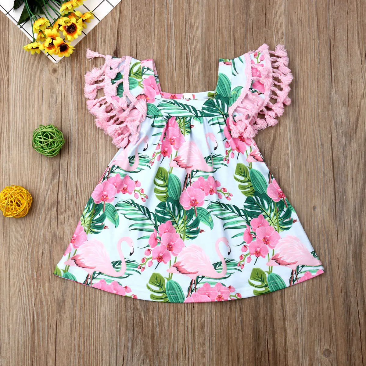 2019 Newborn Baby Dresses for Girls Toddler Clothes Summer Tassel Short Sleeve Flower Flamingo Girls Dress Baby Girls Clothes Q0716