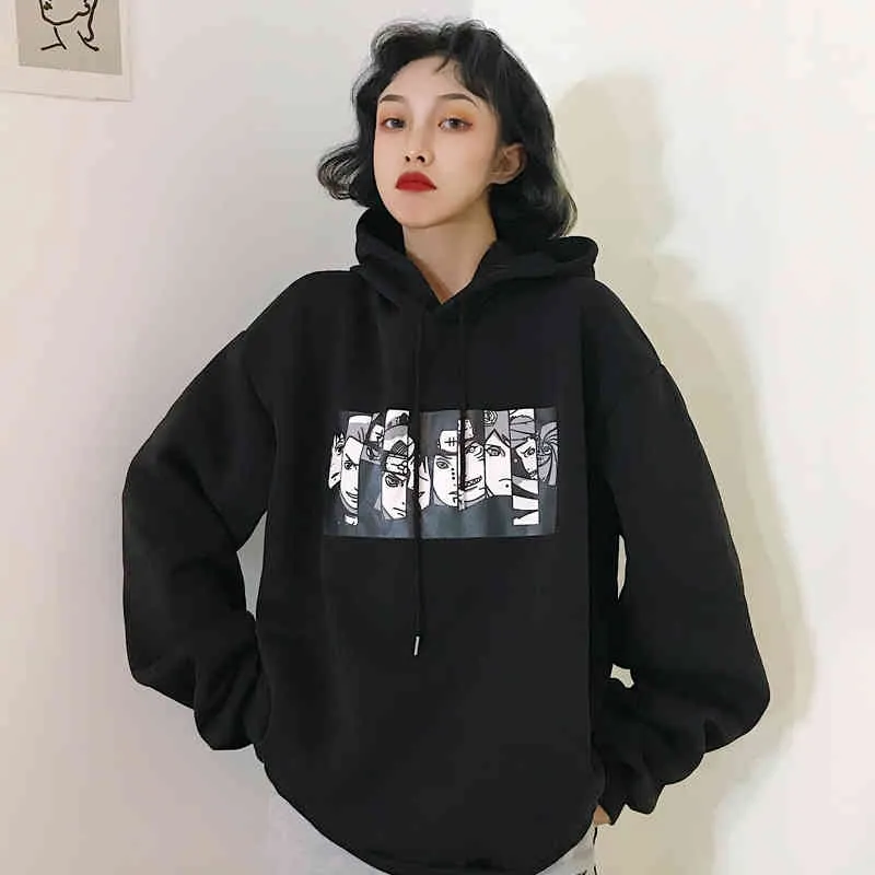 Korobov Kobiety Bluzy Koreański Cartoon Print Z Długim Rękawem Kobiet Z Kapturem Bluza Streetwear Ulzzang Pullover Znosić 210430