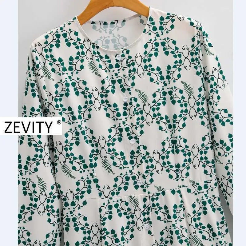 Zevity Women vintage o neck long sleeve green leaves print shirt dress office lady breasted vestido chic midi Dresses DS4205 210603