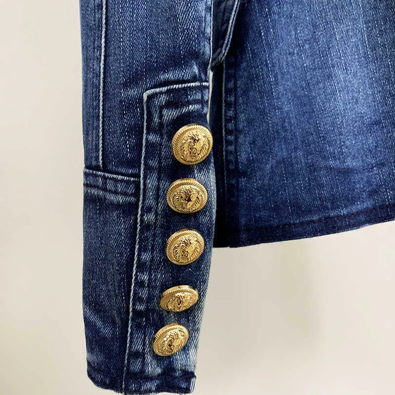 HIGH STREET Modedesigner kavajjacka dam metall lejonknappar dubbelknäppt jeansytterrock 210929