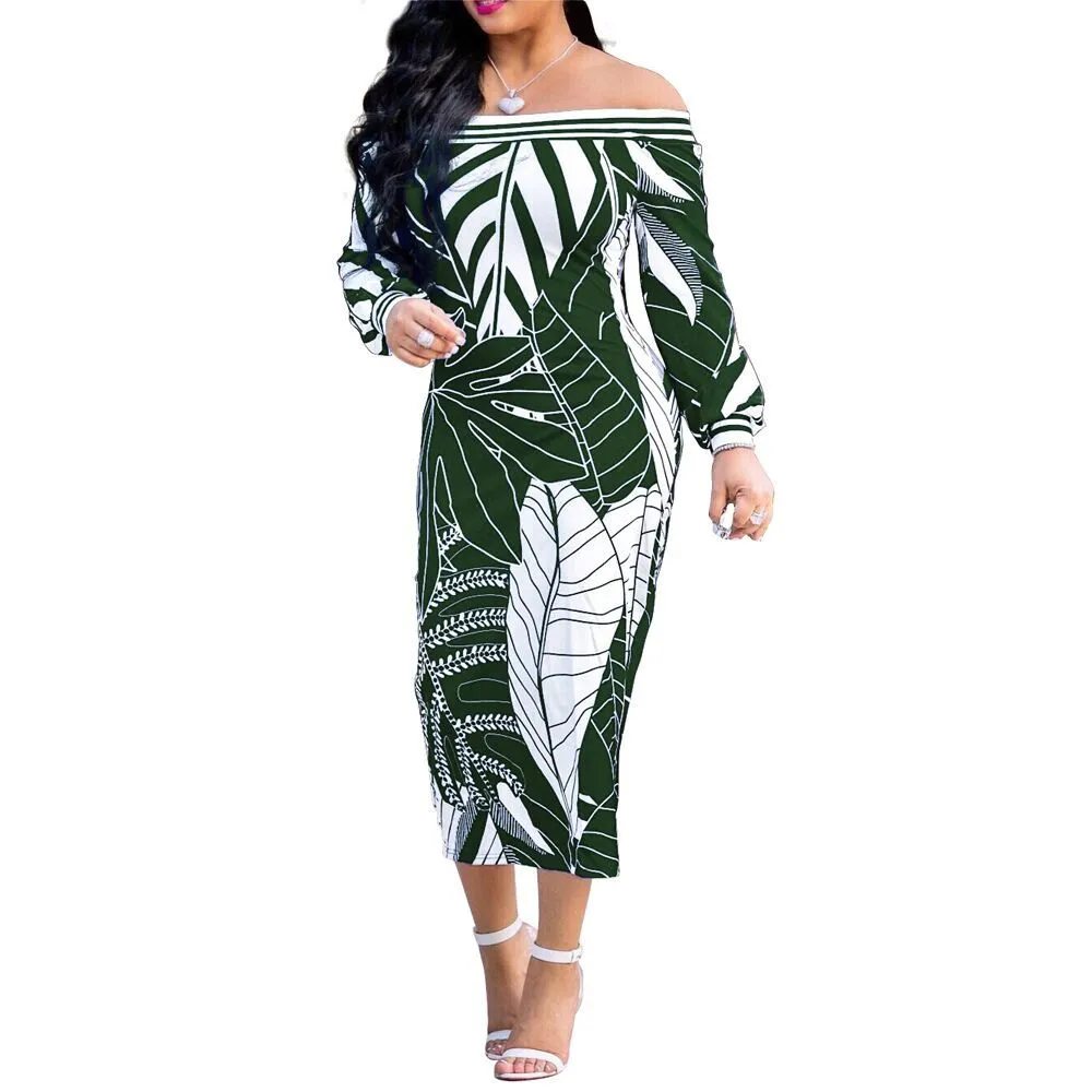 Sexy Off Shouder Robes Imprimé Midi Paquet Hanches Slim Longg Manches Femmes Mode Printemps Date Out Party Event Occasion Robes 210416