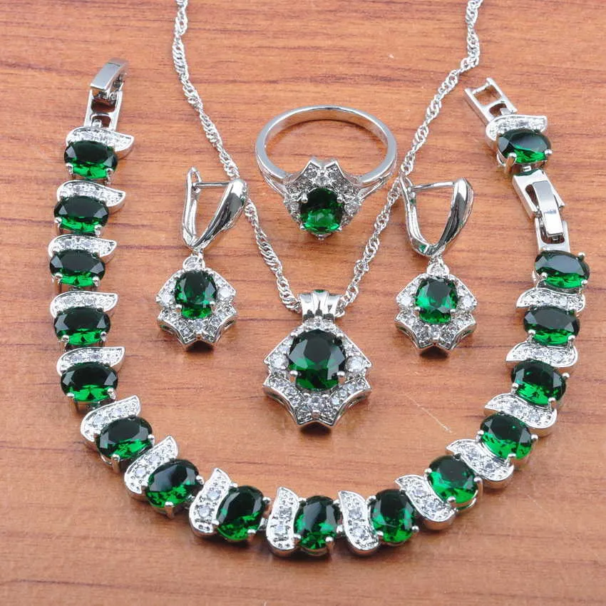 Russische stijl met natuurlijke stenen groene sieraden sets zilveren kleur mode kostuum accessoires voor vrouwen kerstcadeau JS484 H1022