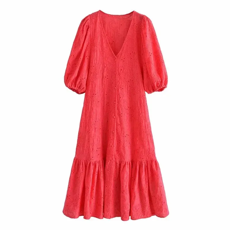 Kleider Frau Sommer Rot Cutwork Stickerei Langes Kleid Frauen Rüschen Kurze Puffärmel Casual Frauen 210519