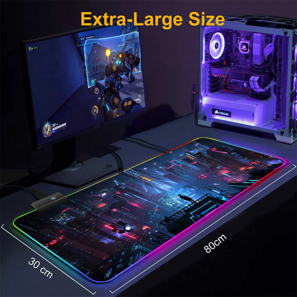 City Night View RGB Mouse Pad Black Neon Ligher Gamer Accessoires LED Mousepad Große PC -Schreibtisch Spiele mit Backbeleuchtung Gaming Desk Y07311b