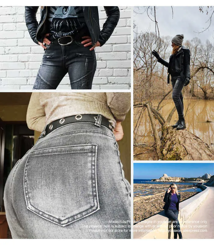 2168 Youaxon Noir Moto Biker Zip Jeans Femmes Mi Haute Taille Stretch Denim Pantalon Skinny Jeans Moteur Pour Femmes 210616
