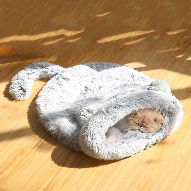 Vinterlång plysch Pet Cat Beds Round Cushion House 2 i 1 Självvärmande S Sack mysig sömnväska Korg för liten hund 211006