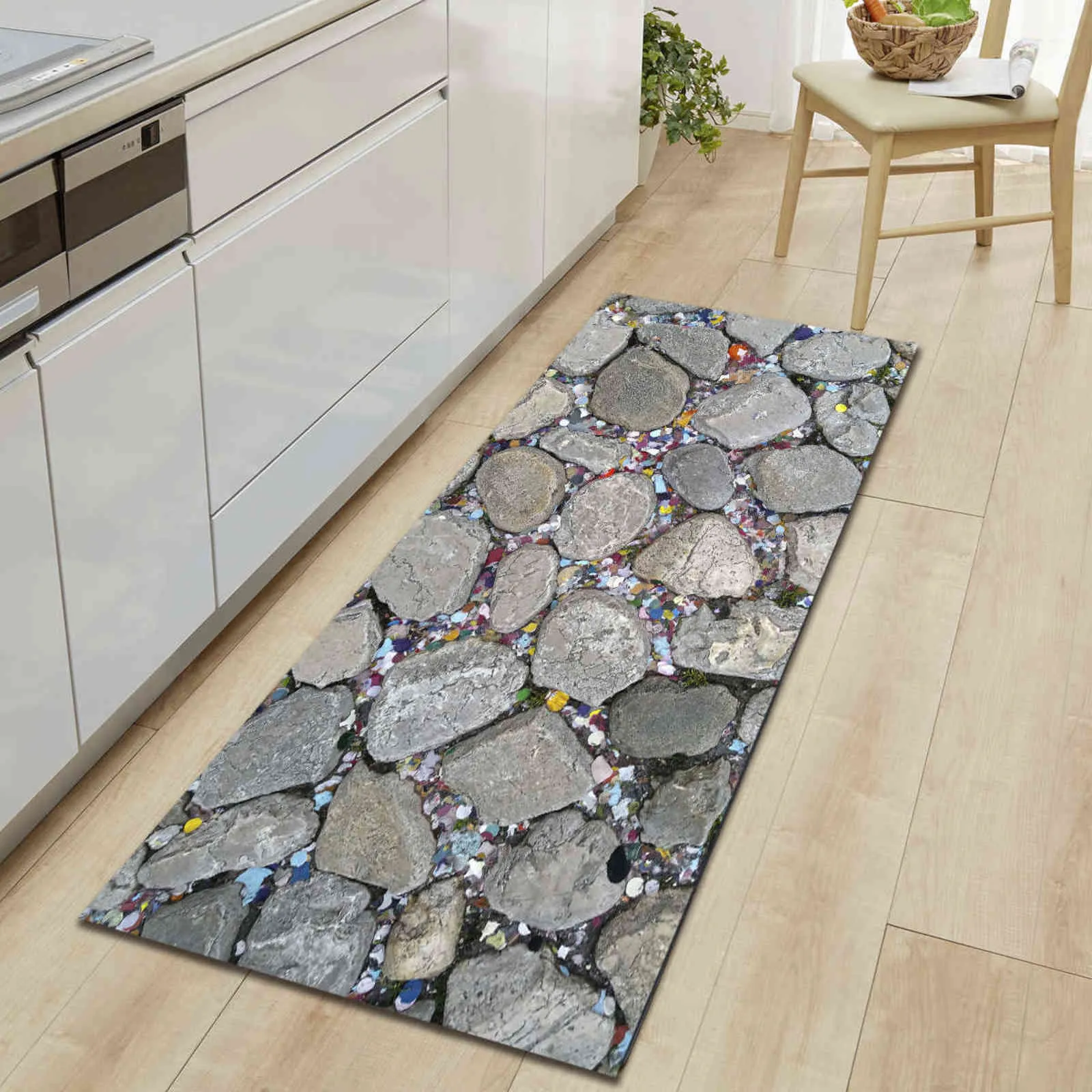 3D Stone Printed Long Floor Mats Microfiber Door Mat Kitchen Carpet Anti Slip Washable Rugs for Kitchen Absorbent Doormat 211109