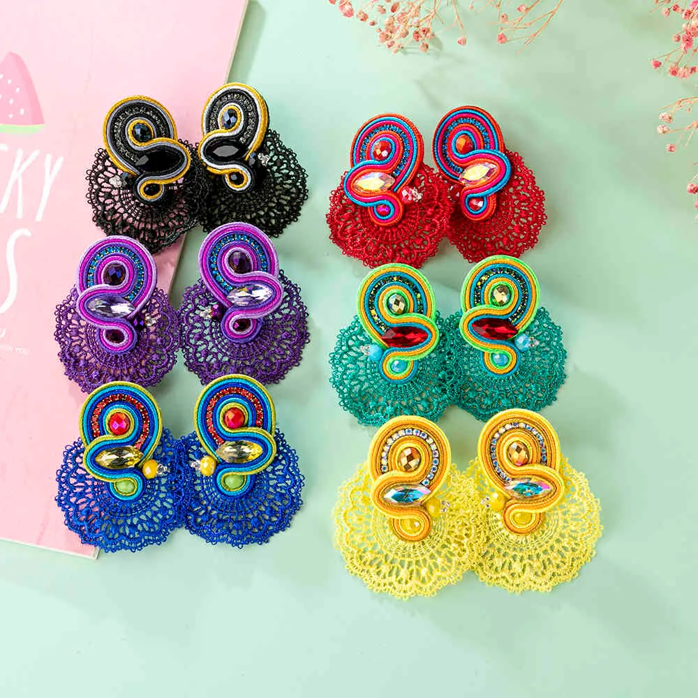 Soutache Drop Kolczyki dla Kobiet Etniczny Styl Duży Kolczyk Boho Decor Biżuteria Kolorowa Koronkowa Koronka - Moda