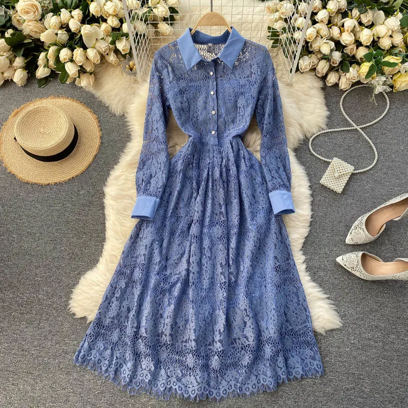 Singreiny Women French Lace Dress Retro Turndown-Collar Långärmad Knapp Blå A-Line Dresses Vår Elegant Party Dress 210419