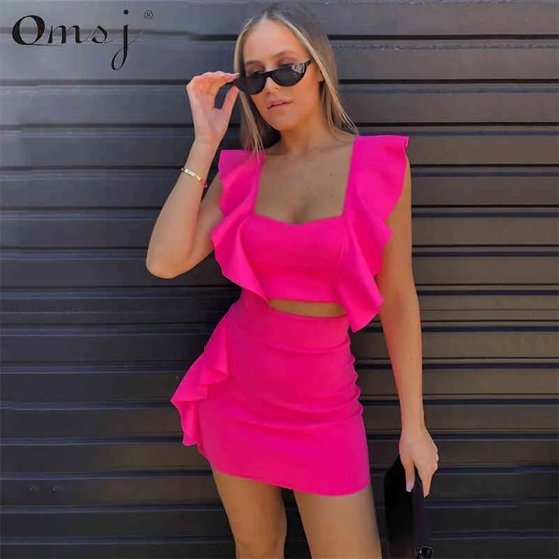 OMSJ Neon Pink Grün Orange Rüschenkleid Sommer Casual Outfit Zweiteiliges Crop Top Mini Fashion Night Club Set 210517