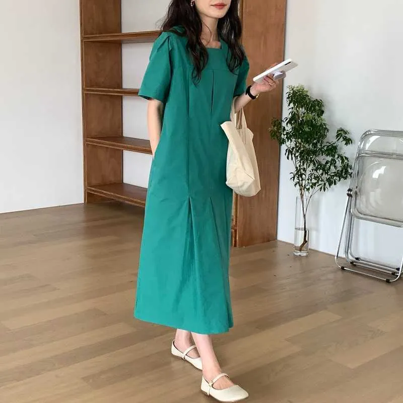 Retro Chic Femme Square Collar Summer All Match OL Casual Loose Solid Gentle Vintage Long Dresses Vestidos 210525