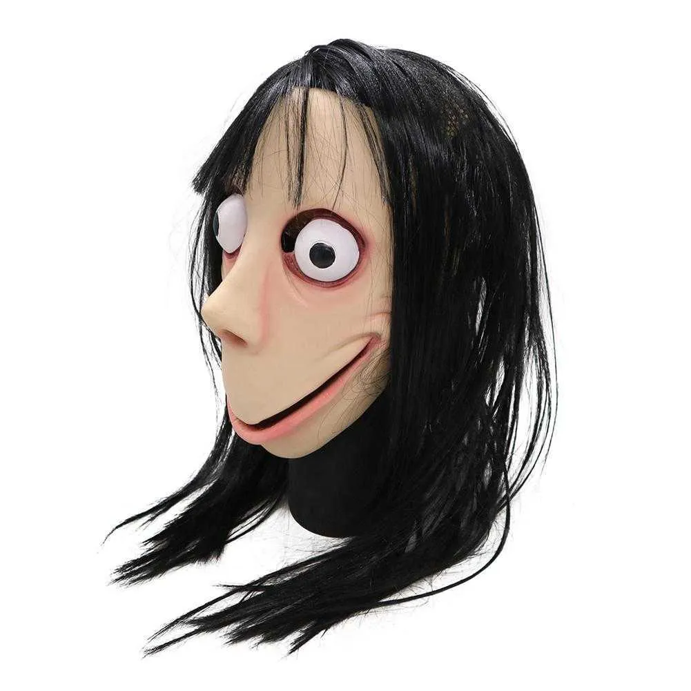 Funny Scary Momo Hacking Game Cosplay Mask Adult Full Head Halloween Ghost Momo Latex Mask With Wigs Big Eyes And Long Wigs Y09135739103