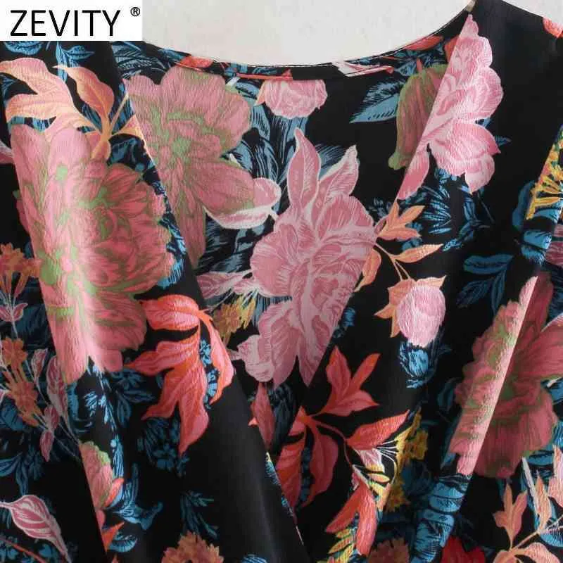 Women Vintage Cross V Neck Floral Print Elastic Waist Mini Dress Female Chic Hem Irregular Casual Kimono Vestidos DS8177 210420