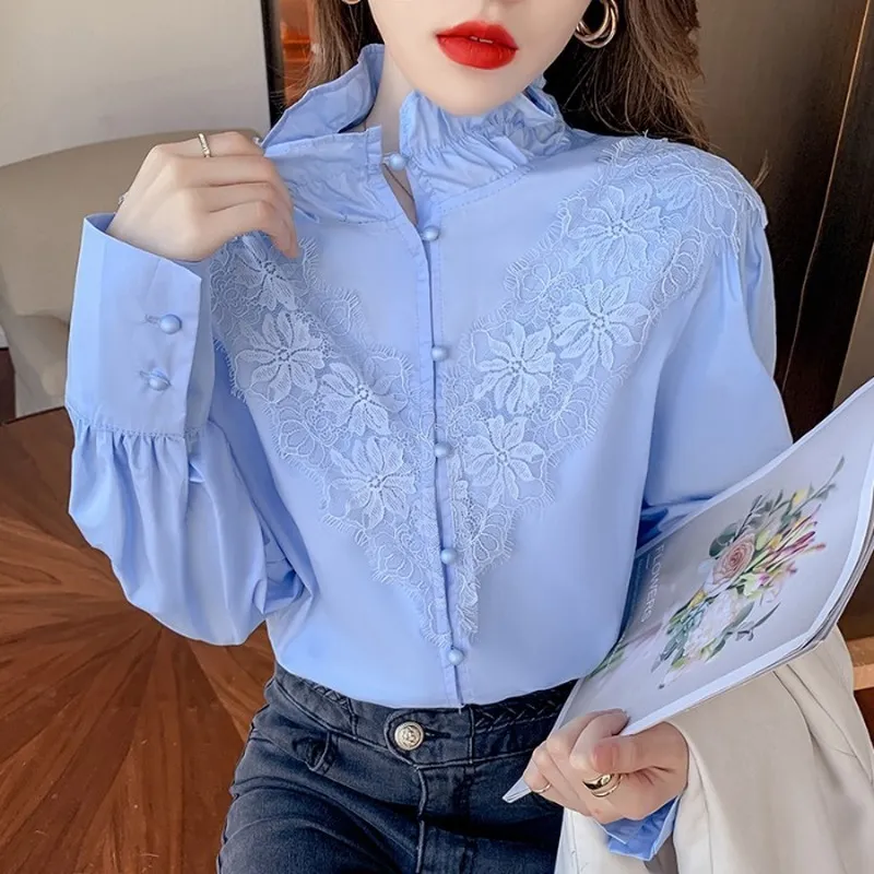 Ezgaga Elegant Blouse Women Flower Lace Patchwork Long Sleeve Ruffled Korean Chic Spring Loose Female Shirts Fashion Blusas 210430
