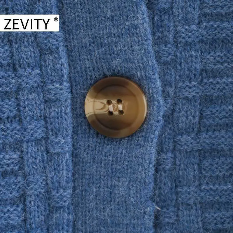 Zevity mujeres vintage cuello pico textura patrón casual tejer suéter chic femme manga larga breasted cardigan retro tops S405 210603