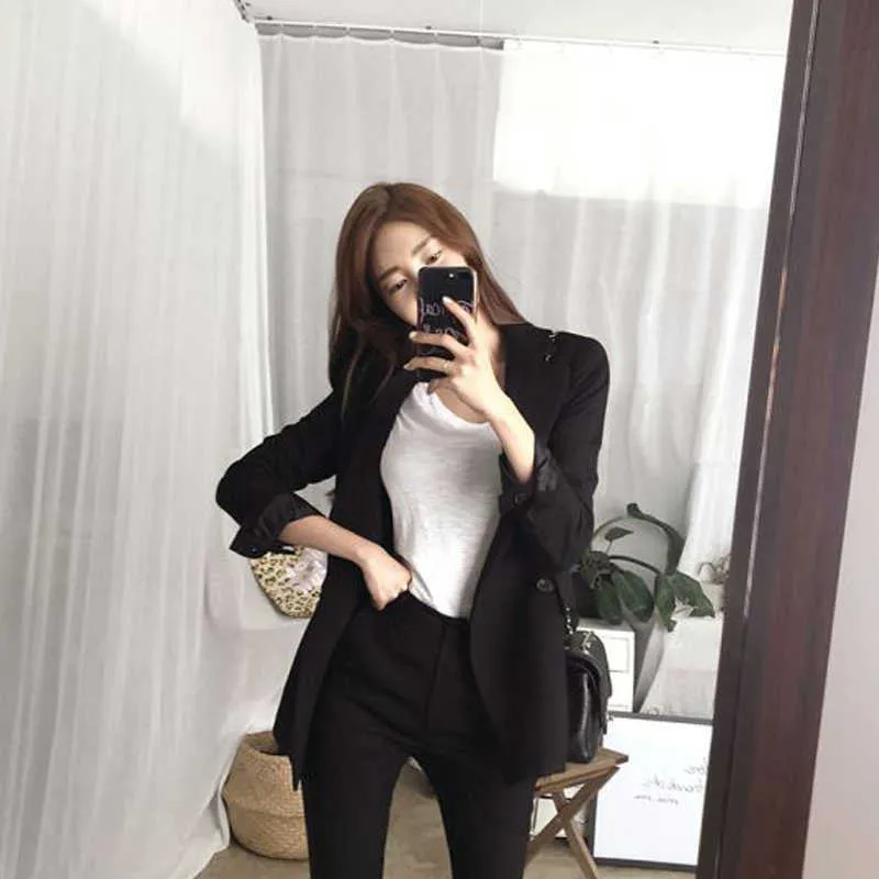 Casual Women's Double Breasted Suit Set Temperament Slim High Quality Business Office Jacket Women Pants 210527