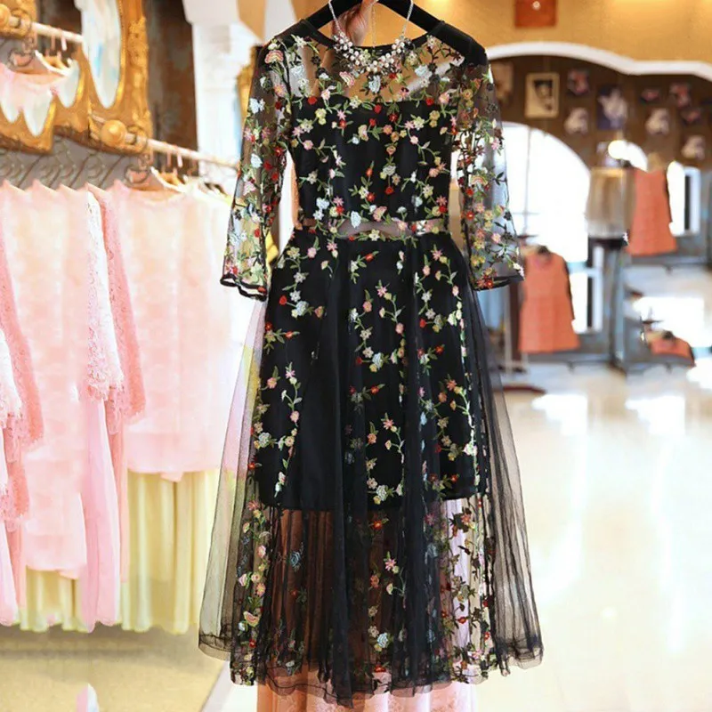 ETOSELL Boho Vintage Floral Bordado Encaje Malla Vestidos Moda Runway Vestido Casual Ver a través de Vestidos X0521