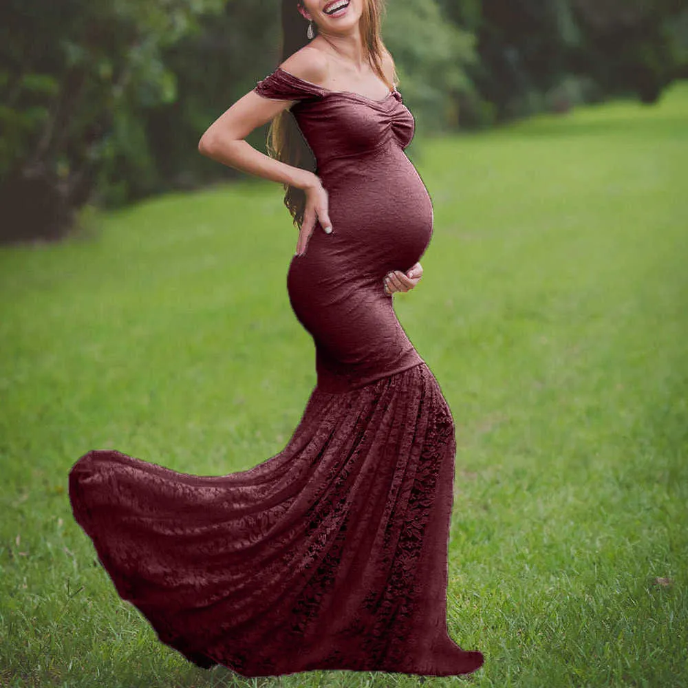 セクシーマタニティドレスレースロングドレスオフ肩のフリル妊娠ドレス写真プロップマキシガウンx0902