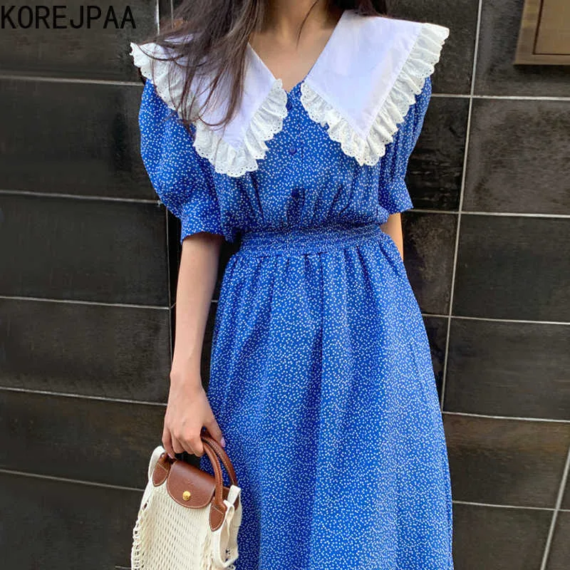 Korejpaa Kobiety Dress Summer Korean Fashion Elegancki Drukuj Koronki Lalki Kołnierz Trzy Przycisk Talii Wavelet Bubble Rękaw Sukienki 210526