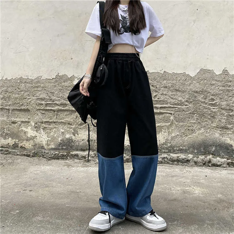 Jeans pour femmes Y2K Streetwear Vintage élastique taille haute jambe large pantalon Harajuku épissage droit Baggy Denim pantalon 210809