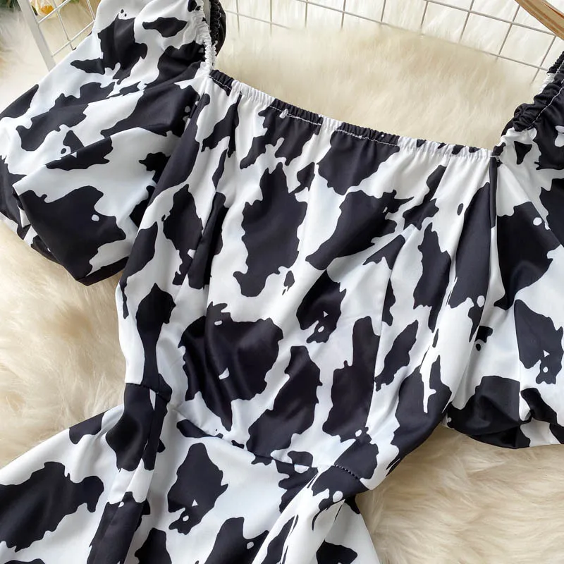 Kimutomo Chic Cow Spot Dress French Puff Sleeve Women Summer Square Collar Slim Waist Holiday Vestidos Elegant Femme 210521