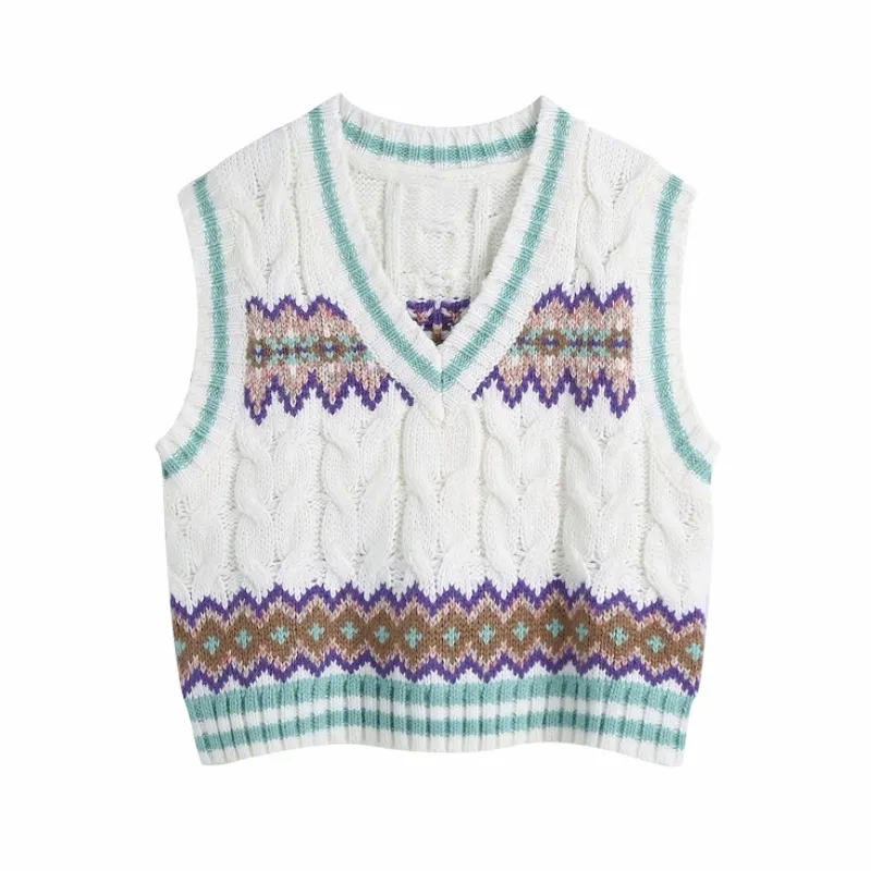 春の女性の幾何学的かぎ針編み編み短いセーター女性Vネックノースリーブプルオーバーカジュアルな女性緩いトップスSW1155 210430