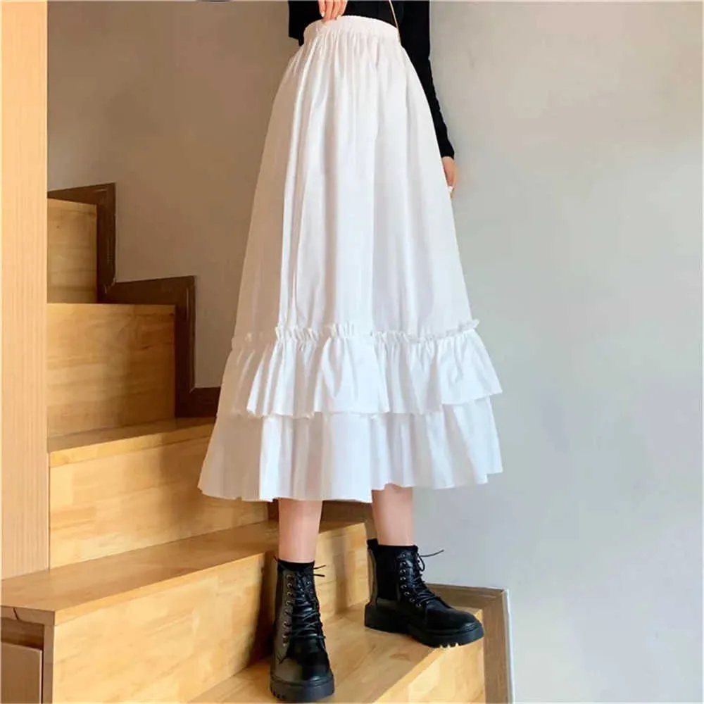 Vintage Taille Haute Jupe Plissée Femmes Lâche Casual Ados École Filles Volants Volants Patchwork Long Midi Noir Blanc Goth Jupes 210619