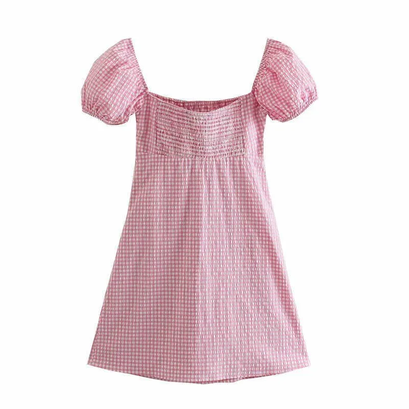 Kobiety Różowy Gingham Summer Sukienka za krótki rękaw puff Smocked Plaid Mini Sukienki Kobieta Chic Side Side Zip Vintage Dress 210602