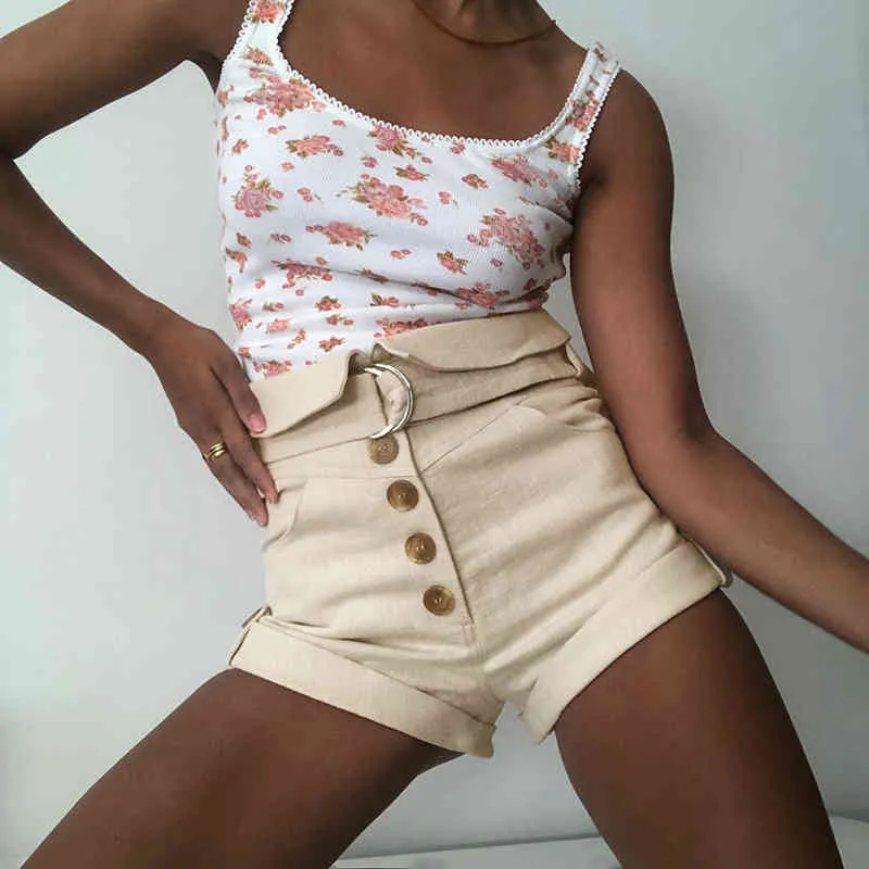 Sexy khaki patchwork button up shorts vrouwen hoge taille met sjerpen casual slanke vrouwelijke zomer y2k kleding mode 210517