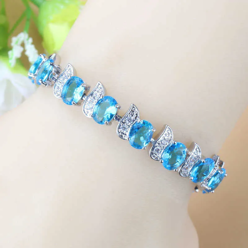 Conjuntos de joyería nupcial para boda, circón azul cielo, perlas naturales de agua dulce, pendientes, pulsera, anillo, disfraz de mujer H1022