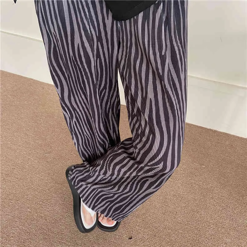 Elastic-Waist Animal Printed Straight Trousers Loose Femme Prom High Waist Summer Casual Party Wide Leg Pants 210421