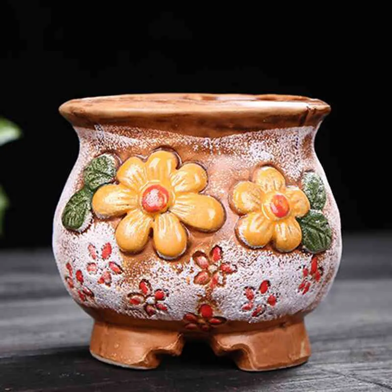 Coarse Pottery Retro Colorful Painted Flower Pot with Foot Stand Succulent Plant Flowerpot Bonsai Planter Vase Desktop Ornaments 24441077