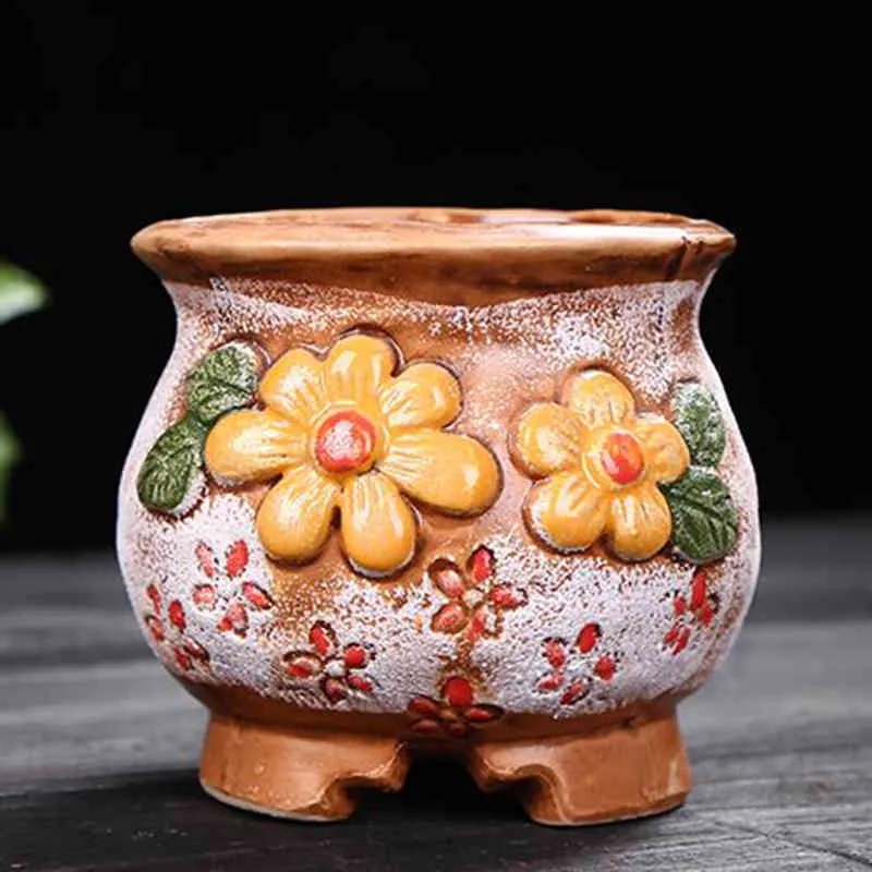 Grov keramik retro färgglad målad blomkruka med fotstativ saftiga växtblommapot bonsai planter vase skrivbordsorament 29380697