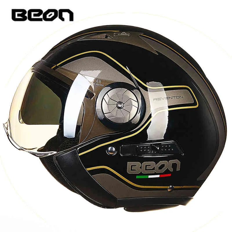 Beon Motorcykel 3/4 Öppna ansikte Motorbike Moto Casco Capacete Vintage Retro Biker Scooter Hjälm Dubbel Visor