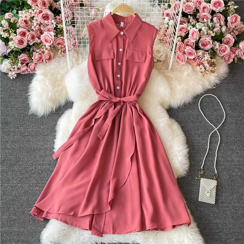 Sommar vintage grön / rosa / khaki klänning kvinnor elegant nedbrytning krage ärmlös singel breasted vestidos med sashes kvinnliga 2021 y0603