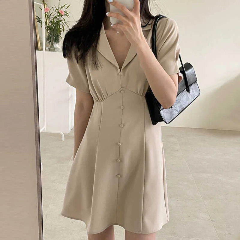 Korejpaa vestido de mujer verano coreano elegante temperamento traje cuello ribete de un solo pecho cintura delgada manga de hojaldre vestidos 210526