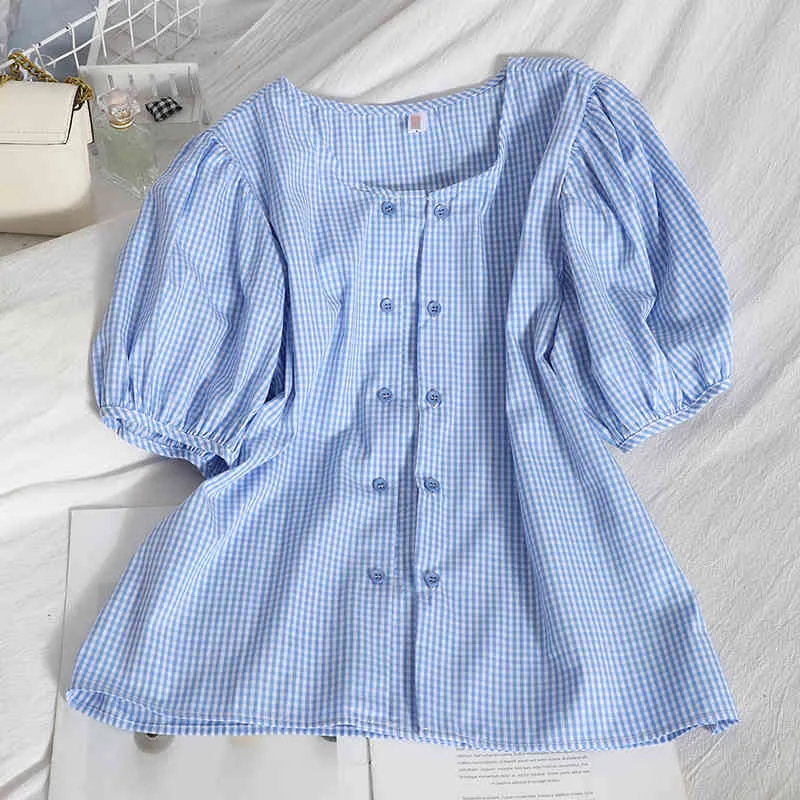Kimutomo, blusa de manga corta abullonada, blusa de mujer a la moda con contraste de Color a cuadros, camisa de cuello redondo con doble botonadura, verano, estilo coreano Chic 210521