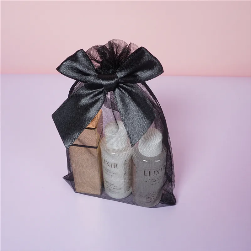 Sacs en Organza à cordon coulissant, sac d'emballage transparent de couleur noire avec nœud papillon, pochettes cadeaux, pochettes à bijoux, sacs à bonbons, package252H, 10 15cm