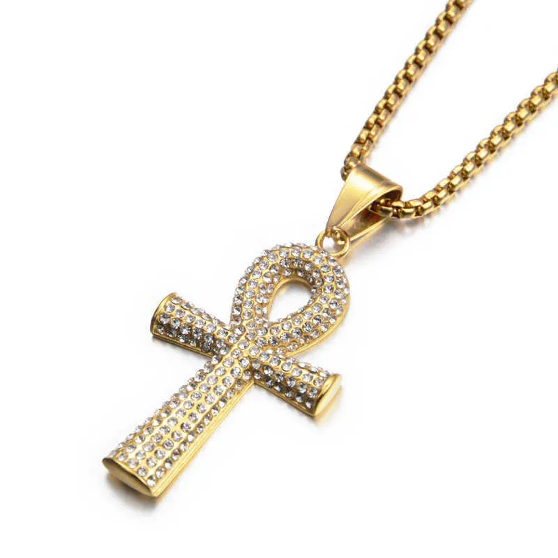 Collana con ciondolo croce Ankh ghiacciato egiziano Donna Uomo Catene in acciaio inossidabile color oro Gioielli Hiphop dell'antico Egitto