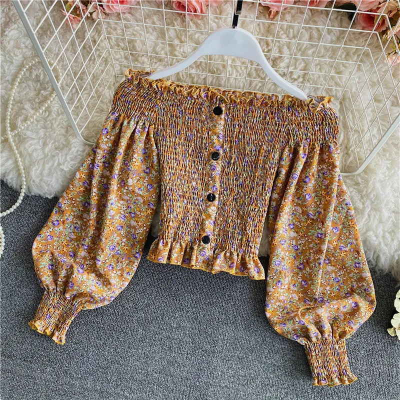 Sommer elegante Vintage schlanke Falten schulterfreie Top-Blusen Damenmode süße florale Chiffon-Hemd-Tops und Blusen 210420