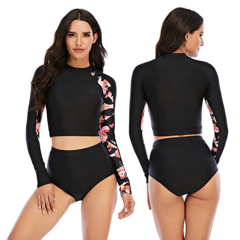 Wyspa Wysypka Swimsuit Swimsuit Sport Surf Surf Garnitur Z Długim Rękawem Tankini Swimwear Dwukierki Plus Rozmiar Drukuj Kostium Kąpielowy Kobiet Plaża 210604