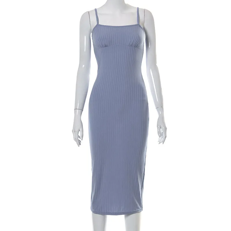 MHCMBSBS Sexig slingklänning Ribbed Blue Backless Midi Halter Slim Fit Lång Es Women Club Party Fashion Elegant Vestido 210517