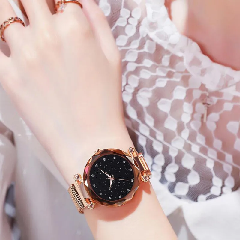女性がシンプルなスタイルのステンレス鋼のマグネットメッシュベルトウォッチ星空の豪華なファッションダイヤモンドクォーツ時計reloj mujer206n