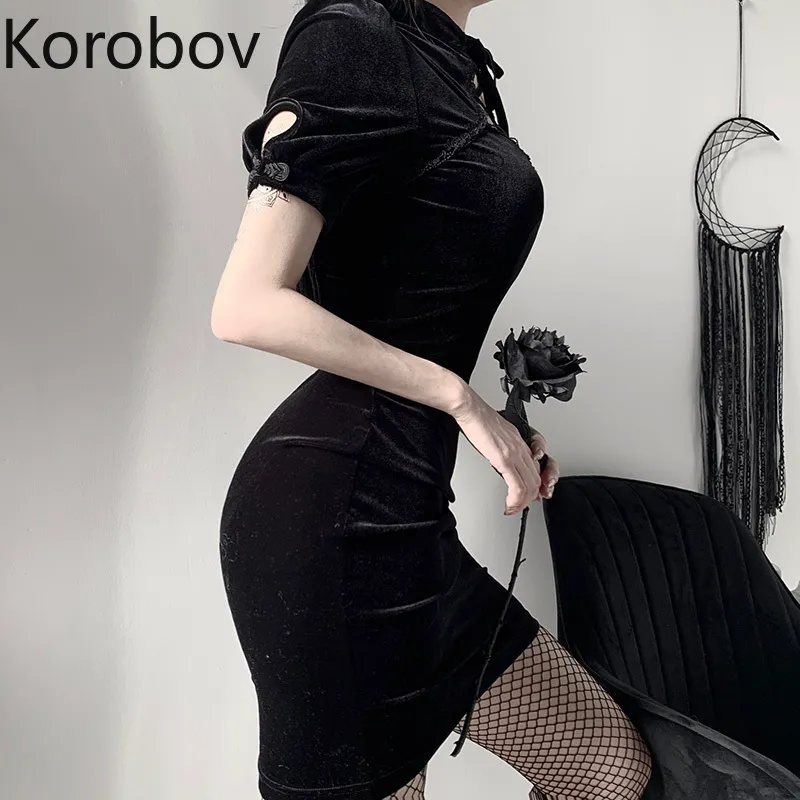 Korobov Summer New Dark Style Dress Harajuku Ulzzang Sexy Bandage Dresses Elegant Hollow Out Slim Vestidos Mujer 210430