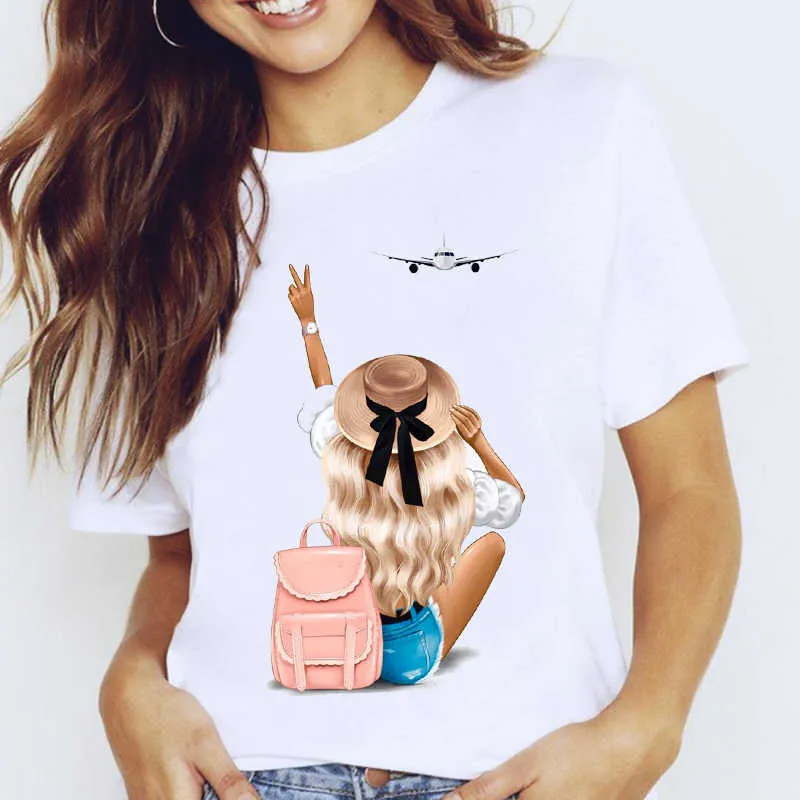 Kadınlar Grafik Seyahat Tatil Tatlı Moda Trendi Sevimli Baskı Karikatür Bayan Giysileri Tops Tees Baskı Kadın Tshirt T-shirt X0527