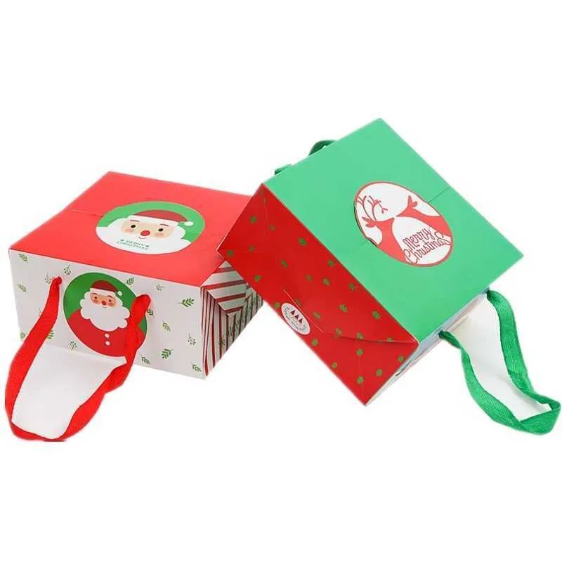 Stobag 21.5x21.5x10.7cm Biscuits de Noël Candy Snack Pacaging Papier Poignée Boîte Party Cadeau Fournitures Faveur avec autocollants 210602