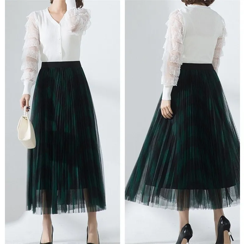 Angleterre Plaid Tulle Jupe Femmes Mode École coréenne vérifié taille haute plissée Maxi été femme maille streetwear 210421