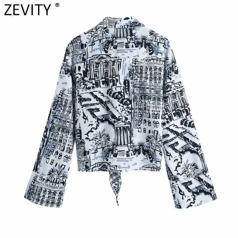 Zevity Women Vintage Handmålad Bild Utskrift Casual Shirt Kvinna Hem Bowknot Kimono Blouse Roupas Chic Chemise Toppar LS9067 210603