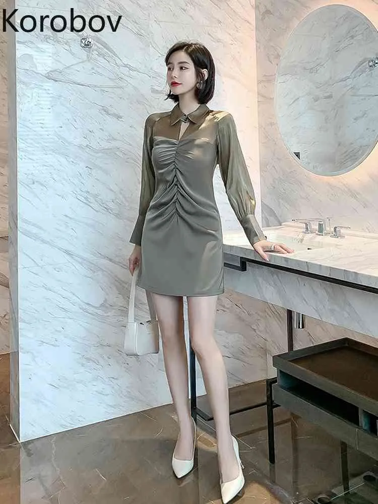 コロバフ韓国のターンダウンカラー長袖女性のドレス夏のエレガントなRuchedヴィンテージドレスセクシーなパーティーナイトvestidos 210430