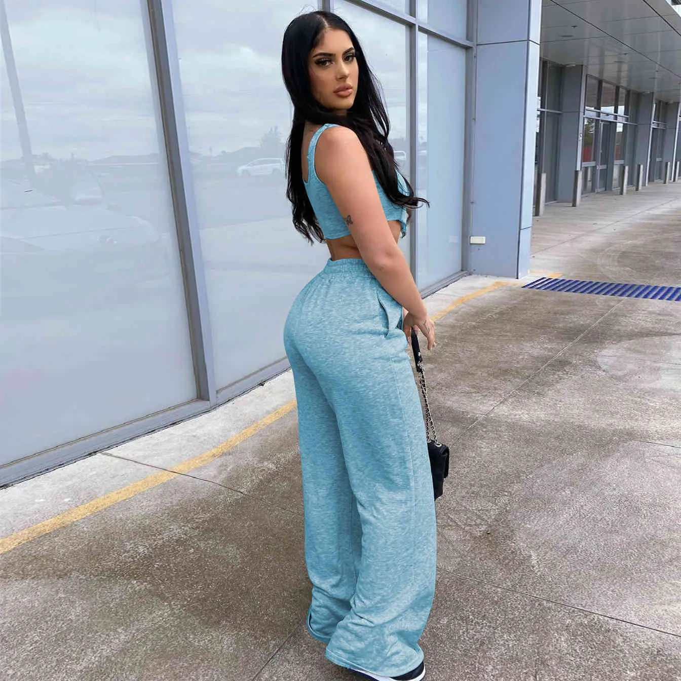Women Two Piece Set Outfits Solid Sexy Sleeveless Corset Top Loose Casual Sweatpants Jogging Drawstring Sporty Pants Summer 210517